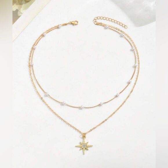 Gold 1pc Faux Pearl Star Rhinestone Layered Necklace - Picture 2 of 2